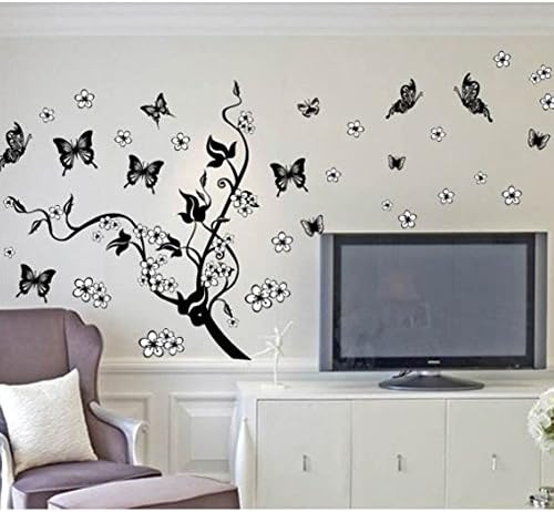 Restly(TM) Black Flower Vine &amp; Butterfly PVC Waterproof Removable Beautiful TV Background Wall Stickers Decor