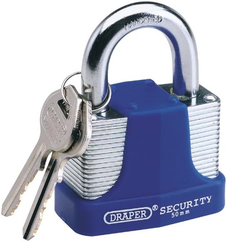 40MM LAMINATED STEEL PADLOCK & 2 KEYS WITH HARDENED STEEL SHACKLE & BUMPER - Laminated steel body with hardened steel shackle. Precision pin tumbler and brass cylinder. Special cover to prevent damage to locked item. Supplied with two keys. Key blanks are available separately. Display packed.