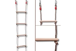 ISOP Échelle de Corde 3 m | Équipement de Jeu pour échelle d'arbre | Échelle en Bois avec Crochets à Ressort | Échelle en Corde à Bascule | Jouets d'escalade pour balançoire