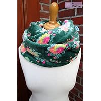 dunkelgrüner Loop mit Blüten Schal petrol bunt Blumen grünerLoopschal