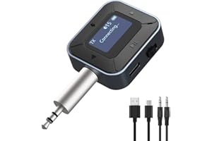 Ainostone Bluetooth Adapter für 2 Kopfhörer 2-in-1 Bluetooth Audio Transmitter mit 3,5mm Aux Klinke Bluetooth Sender Empfänger Wireless Wiederaufladbar LCD Display für TV Stereoanlage Flugzeug Auto