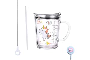 Xfeyaqlo Kubek do mleka dla dzieci ze słomką, kubek na mleko dla dzieci, kubek z silikonową słomką, odporny na ciepło do mikrofalówki, 400 ml, (dinozaur/ryby/koń) (koń)