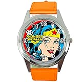 Taport® Wonder Woman Quarz-Armbanduhr, rund, mit orangefarbenem Echtleder-Armband, inklusive Ersatzakku und Geschenkbeutel