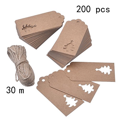 Geschenkanhänger CSDSTORE Weihnachtsgeschenk Anhänger für Weihnachten Adventskalender Geschenk Etiketten 200tlg. Gift Tags mit Vorstanzendem Tannenbaum mit Kordel Natur Jute Schnur Hanfseil 3000cm