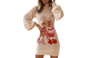 Minetom Damen Weihnachten Pulloverkleid Tunika Weihnachtsdruck Kleid V-Ausschnitt Langarm Rollkragen Minikleid Pullikleid Weihnachtskleid