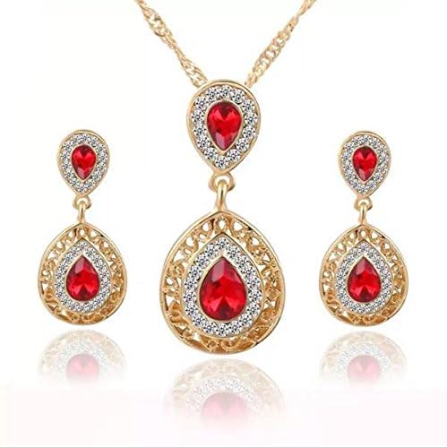 Safari Drives Red Zircon Crystal Necklaces & Earrings Jewellery Set. Water Drop Pendant Wedding Charm
