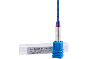 Mesee Dowcut Spiral Router Bit 2 Flute CNC End Mill 1/4 Inch Shank Flat Nose End Mill Bit Nano Blue Coating Carbide CNC Router Bit 13/16" Cutting Length Wood Carving End Milling Tool, 1/8" Cutting Dia
