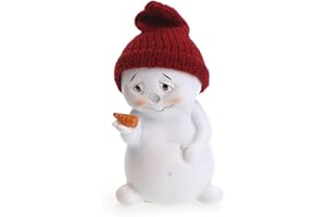 TEMPELWELT Deko Figur Schneemann stehend 11 cm groß, Keramik weiß Wintermütze Textil Stoff rot, Dekofigur Deko Winter Weihnachten Winterdeko