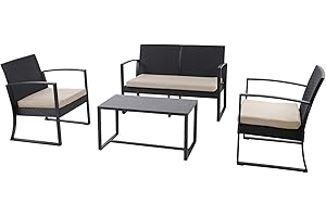 ‎SVITA SVITA LOIS XL Poly Rattan Sitzgruppe Gartenmöbel Metall-Garnitur Balkonmöbel Tisch Sessel Schwarz