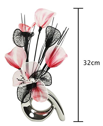 Flourish 792879 QH1 Silbervase mit roten, schwarzen und weißen künstlichen Nylonblumen, Deko, Geschenk, Heimzubehör, 32 cm - 2