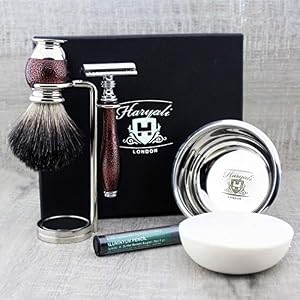 Haryali London Pure Black Badger Hair Shaving Brush with Double Edge Safety Razor, Stand, Bowl & Soap Perfect Mens…