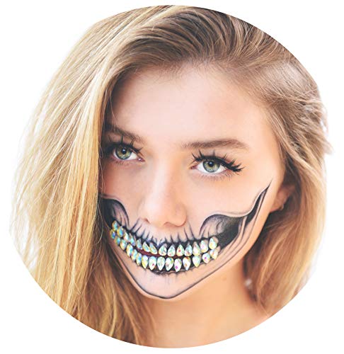 Tattoocrew 4 x Halloween Tattoos Totenkopf + 30 Glitzersteine als Zähne - Diamond Skull Look zum Aufkleben