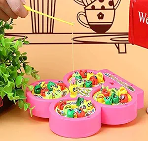 GoBaby Fish Catching Game with Sound, Musical Rotating Fishing Games, Include 32 Pieces Fishes and 4 Fishing Rod for Kids (Pink)