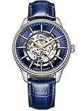 Alienwork Herren Damen mechanische Automatik-Uhr Silber mit Lederarmband blau Skelett
