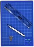 Juego hecho de plástico Dahle - Conjunto de herramientas para cortar papel (incluye regla, base de corte, cúter tipo lápiz y cuchillas de recambio), color azul