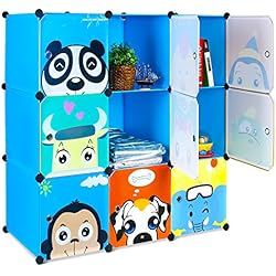 Bamny Meuble Rangement Enfant 9 Cubes, Support de Rangement pour Vêtements, Chaussures, Armoire de Rangement Bricolage avec 1 Portemanteaux et Motifs d'animaux (Bleu)