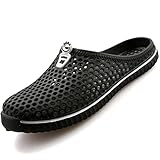  SAGUARO Clogs Atmungsaktiv Mesh Hausschuhe Sommer Hohl Latschen Gartenschuhe Freizeit Badeschuhe Strand Aqua Slippers Flach Sohle Pantoffeln Damen Herren,Schwarz,43 EU (Label size 44)