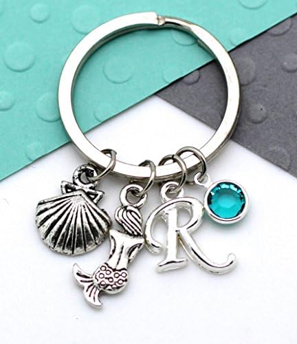 Mermaid Personalised Keychain, Mermaid and Shell Custom Keyring, Personalized Birthstone & Initial, Letter, Alphabet Gift