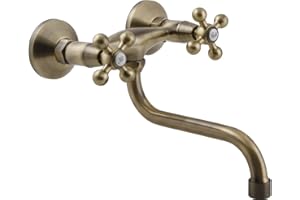 ADGO Stilo Rubinetto da Cucina per Lavello a Due Mani, Miscelatore da Parete con Due Bottoni (Ottone Antico)