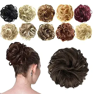 FESHFEN Scrunchie Hair Bun Updo Hairpiece Hair Ribbon Ponytail Extensions Wavy Curly Messy Extensions Donut Hair Chignons Hair Piece Wig-M2/30 Darkest Brown & Light Auburn Mixed