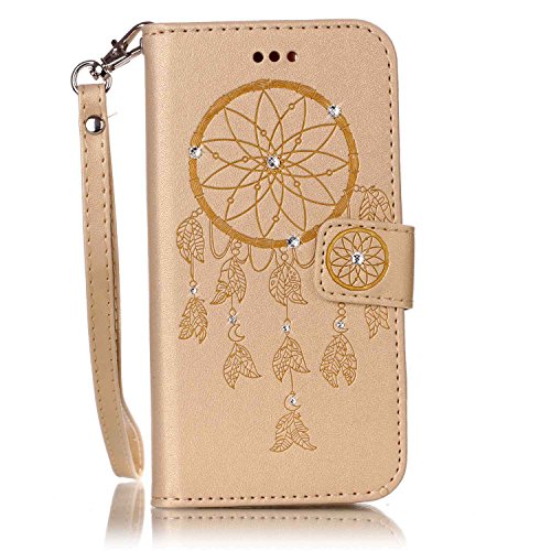 SKYXD für Samsung Galaxy J3 2016 J320FN Hülle Leder Traumfänger Blumen Drucken Muster,Brieftasche Klappbar Glitzer Strass PU Folio Schutzhülle [Kartenfach / Magnet / Standfunktion / Trageschlaufe] Inner Silikon Klapphülle mit [Handyanhänger + Eingabestift] 3 in 1 Zubehör Handy Tasche Etui for Samsung Galaxy J3 2016 J320FN Bookstyle Flip Case Leather Cover With [Stylus and Dust Plug]- Gold - 2