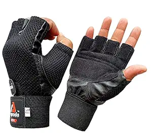 APRODO Leather Palm Gym Gloves with Wrist Support + Double Stitched
