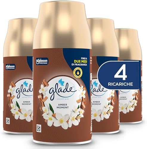Glade Automatic Spray Ricarica, Profumatore per Ambienti, Fragranza Amber Moment, Formato Scorta da 4 Ricariche da 269 ml
