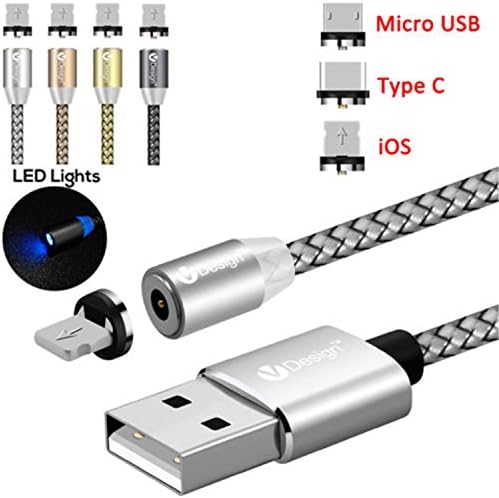 ACALI® 3.3ft 3 in 1 Round Magnet Micro USB/Type C/IOS Magnetic Charging Cable for Apple iPhone X 8 7 6 6s Plus 5 se 5s Samsung Galaxy S9 S8 S7 S6 S5 S4 LG Huawei (Silver)