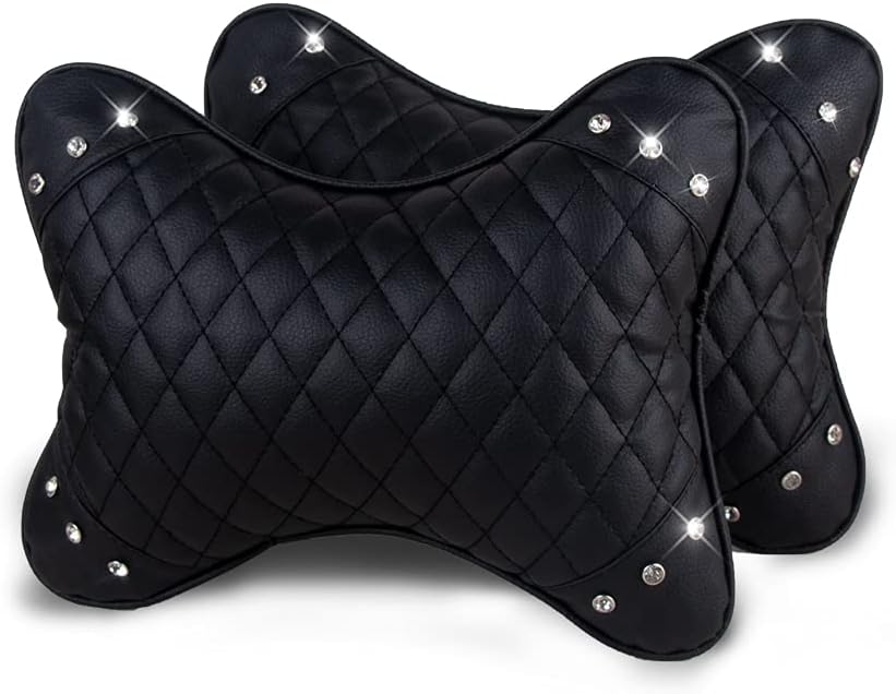 eing Car Neck Pillow Breathable Auto Head Neck Rest Cushion Bling Crystal Relax Neck Support Headrest Comfortable Soft Pillows for Travel Car Seat & Home - 2 Pack PU Leather