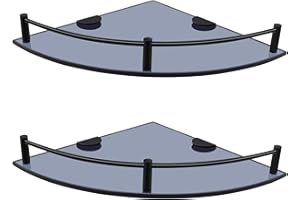 GerayMer Glass Bathroom Shelves, Set of 2 Glass Corner Shelf Wall Mount, Shower Corner Shelves with Rail, Floating Glass Shelves for Bathroom Kitchen Livingroom (Black)