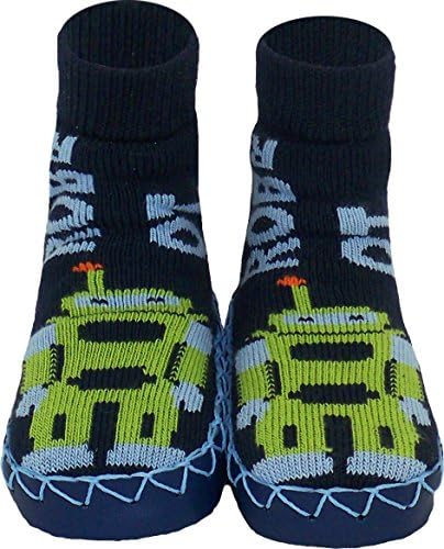 Konfetti Retro Robot Kids Swedish Moccasins House Slippers Shoes - Boys Slipper Socks - Home Footwear for Toddlers, Pre-Schoolers and Children