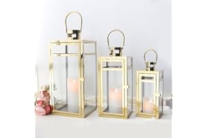 TRIROCKS Juego de 3 faroles de acero inoxidable para velas de 48 cm y 38 cm y 30 cm de alto metal con paneles de vidrio transparente, mesa, interior y exterior (dorado)