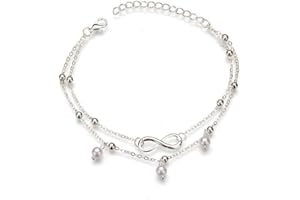 Airfish Silver Anklets for Women, Adjustable Classic Ankle Bracelets, Pearl Infinity 8-Shape Foot Anklets, Summer Beach Boho Anklet, Lucky Jewelry Accessories, Gift for Birthday