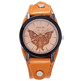 SIBOSUN Frau Frauen Armbanduhr Quarz Gold Edelstahl Band Kristall Kleid Mode Armband (6.Skelett Schmetterling,Hell Braun Leder,JXQ210)