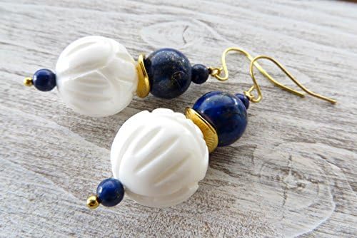White shell earrings with blue lapis lazuli, carved earrings, gemstone earrings, dangle earrings, fashion jewellery, women jewellery, summer jewellery