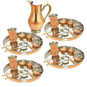 Prisha India Craft Stainless Steel Copper Dinner Set of Thali Plate, Bowls, Glass Spoons with Mughal Pitcher Jug Gift (Diameter 13-inch) - Set of 4