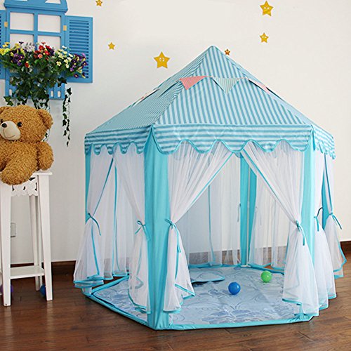 Kids Indoor Princess Castle Hexagon Play Tent Indoor or Outdoor Garden Toy Wendy House Playhouse Beach Sun Tent As Great Gift for Boys and Girls (blue)