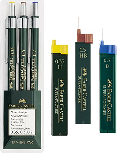 Faber-Castell 136030 - 3er Set Druckbleistifte TK-FINE 9760, Minenstärken: 0,35 mm; 0,5 mm + 0,7 mm, Schaftfarbe: grün | Eco Bundle mit Ersatzminen 0.35 H 0.5 HB 0.7 B