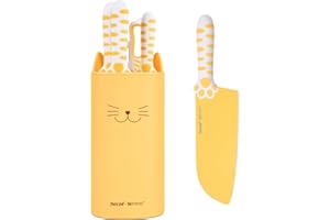 hecef Set Coltelli da Cucina Professionali 5 Pezzi Giallo – Design Brevettato Zampa di Gatto, Lame in Acciaio Inox Antiaderente, Impugnatura Ergonomica Antiscivolo, Blocco Staccabile, Regalo Originale