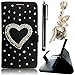 Produktbild Vandot Dame 3D Glitzer Diamant Herz Wallet Leder Hülle Case Für Samsung Galaxy S5 Mini Elegant 3D Girl Bling Shining Glanz Cover Schutzhülle Kristall Strass Tasche Diamond Schwarz Etui Skin Shell Bag Bookstyle Multi-Function Protektiv Kunstleder Case mit Stand Magnetverschluss Magnetic Closure und Karte Slots + Schmetterling Geist Mädchen Engel Fee Anti Staub Schutz Stöpsel + Black Metall Eingabestift Stylus Touch Pen