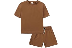 Hotfiary Boy Girl 2 Piece Summer Outfits Short Sleeve T-Shirt and Shorts Set Toddler Kids Teens Pyjamas Clothing Sets Cotton Tracksuits Sport Clothes Casual Loungewear 3 4 5 6 7 8 9 10 11 12 13T