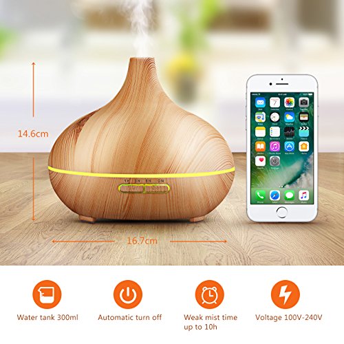 Aroma und Duft Öl Verteiler mit 300ml Kapazität und 30ml/h Feuchtigkeitsabgabe. Neuer Holz Optik Luftbefeuchter, extrem leise durch Ultrasonic Technologie mit 7 farbigen LEDs, 4 verschiedenen Zeit Einstellungen und automatischen Power off ohne Wasser für Bad, Yoga, Zuhause oder Büro - 5