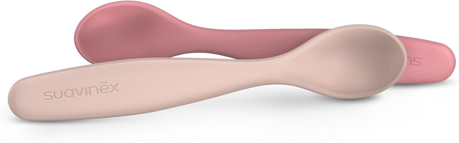 Suavinex, Pack 2 Cucharas para Bebés de Aprendizaje. Cucharas Infantiles. Aptas Encías Sensibles. Con Mango Largo. Ideal Papillas y Potitos. Aptas Lavavajillas. Ergonómicas. Bebés +6 Meses, Rosa