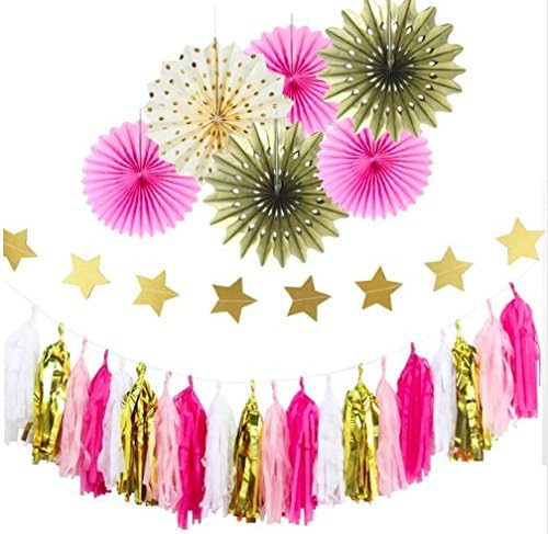 Set Party Garland Stars Fans Pompoms Pink White and Gold to Decorate Parties and Celebrations