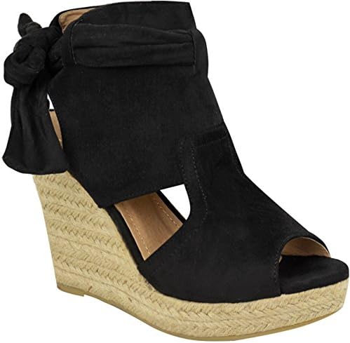 Definitely You Womens Ladies High Wedge Espadrille Platform Lace Tie up Peep Toe Open Back Summer Sandals Size (4 UK, Black)