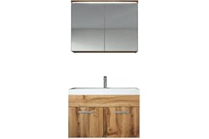 BADPLAATS B.V. Badezimmer Badmöbel Set Paso 02 80cm Waschbecken Eiche - Unterschrank Schrank Waschbecken Spiegelschrank Schrank