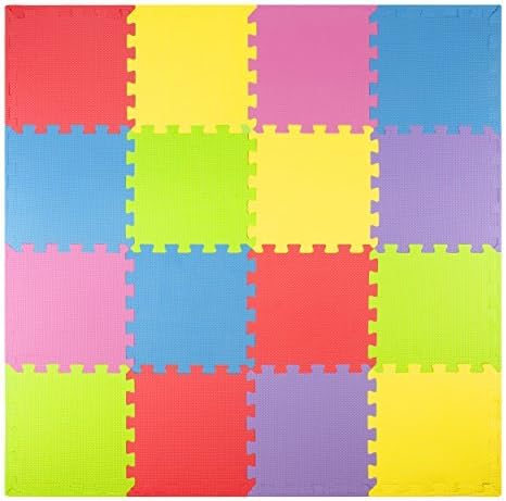 Foam Play Mats (16 Tiles + Borders) Safe Kids Puzzle Playmat | Non-Toxic Interlocking Floor Children &amp; Baby Room Soft EVA Thick Color Flooring Square Babies Toddler Infant Exercise Area Carpet