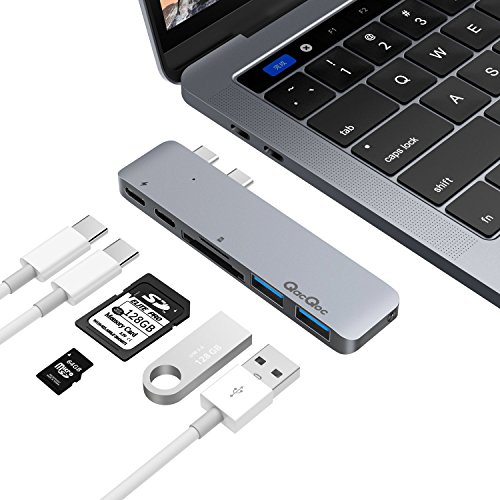 QacQoc USB C HUB 6 en 1 Aluminio Superspeed con 2 USB 3.0 Puertos,2 Puerto de Tipo C, Lector de Tarjetas SD/TF, para MacBook Air Macbook Pro 2016/2017/2018 13" y 15"