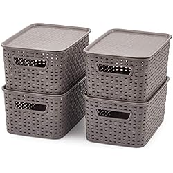 EZOWare Gris Petit Panier de Rangement Empilable avec Couvercles en Plastique pour Cuisine, Salle de Bain - Paquet de 4