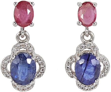 Women's Harry IVENS Sapphire White Topaz Stud Earrings Sterling Silver Rhodium Finish Ruby Pendant